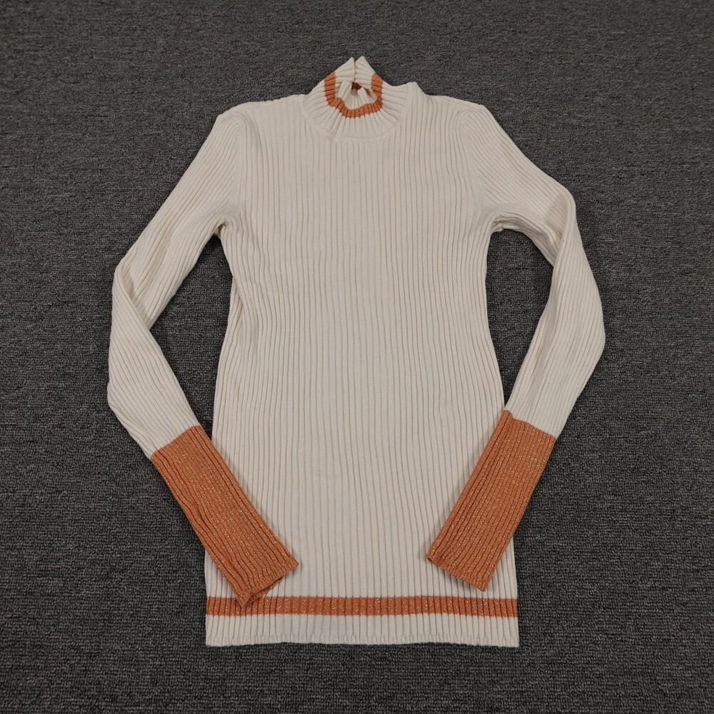 Nine West Sweater Womens Medium White Striped Mock Neck Glitter Pullover Knit